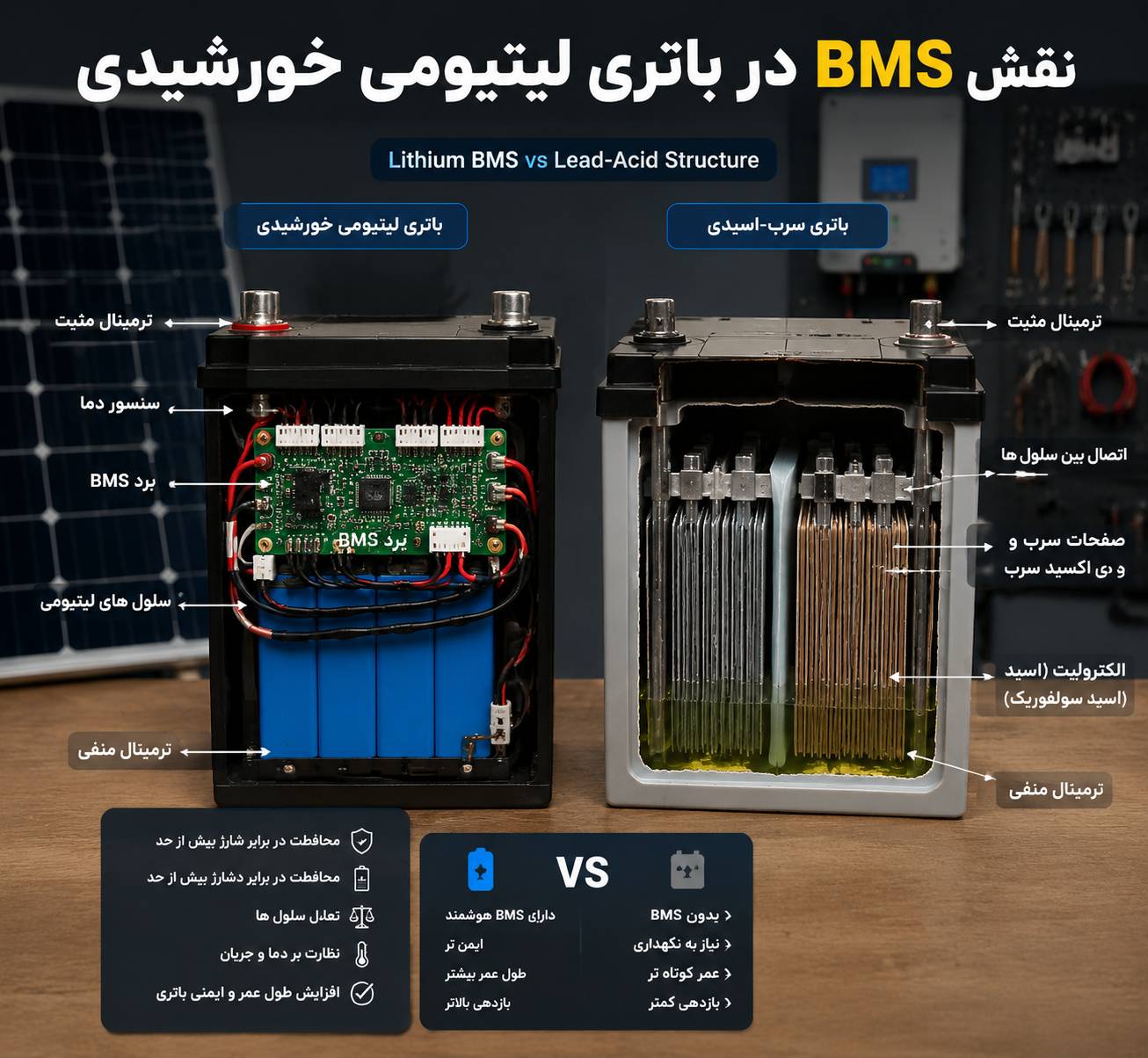 مقایسه BMS در باتری لیتیومی و ساختار باتری سرب اسیدی