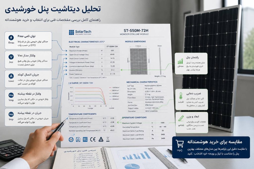 بررسی مشخصات فنی و نحوه خواندن دیتاشیت پنل خورشیدی برای مقایسه و خرید هوشمندانه