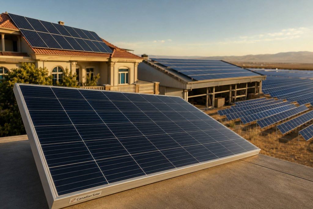 تصویر پنل خورشیدی Canadian Solar با کیفیت ساخت بالا و کاربرد در پروژه‌های خانگی، صنعتی و نیروگاهی