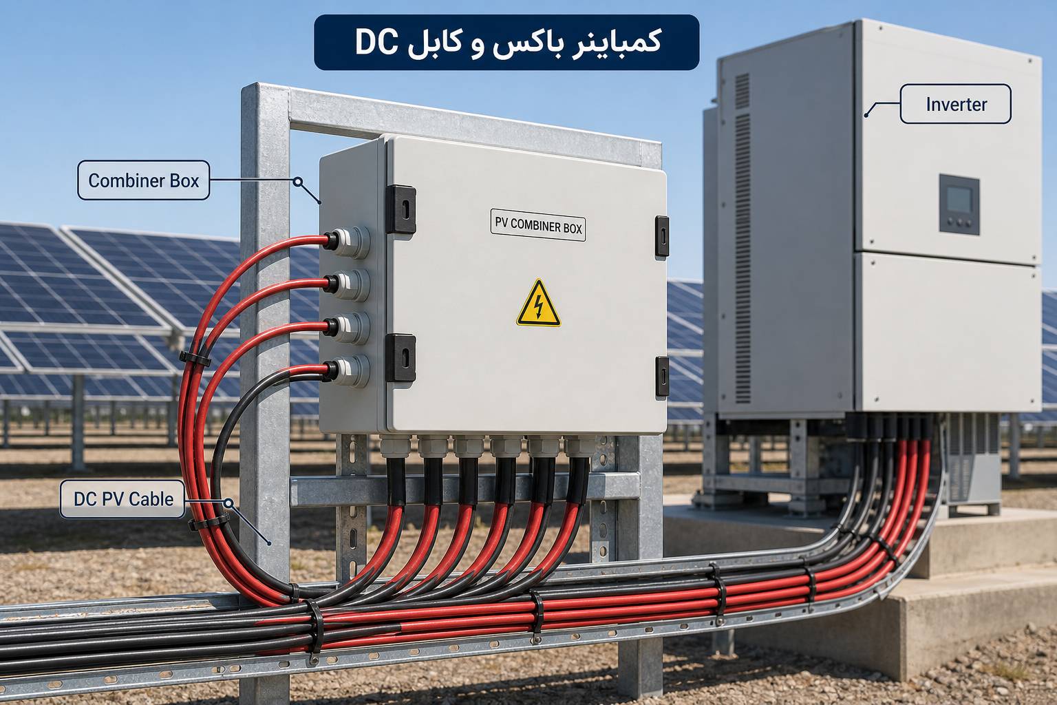 جعبه کمباینر نیروگاه خورشیدی با کابل‌های DC خورشیدی با سطح مقطع بالا متصل به اینورتر