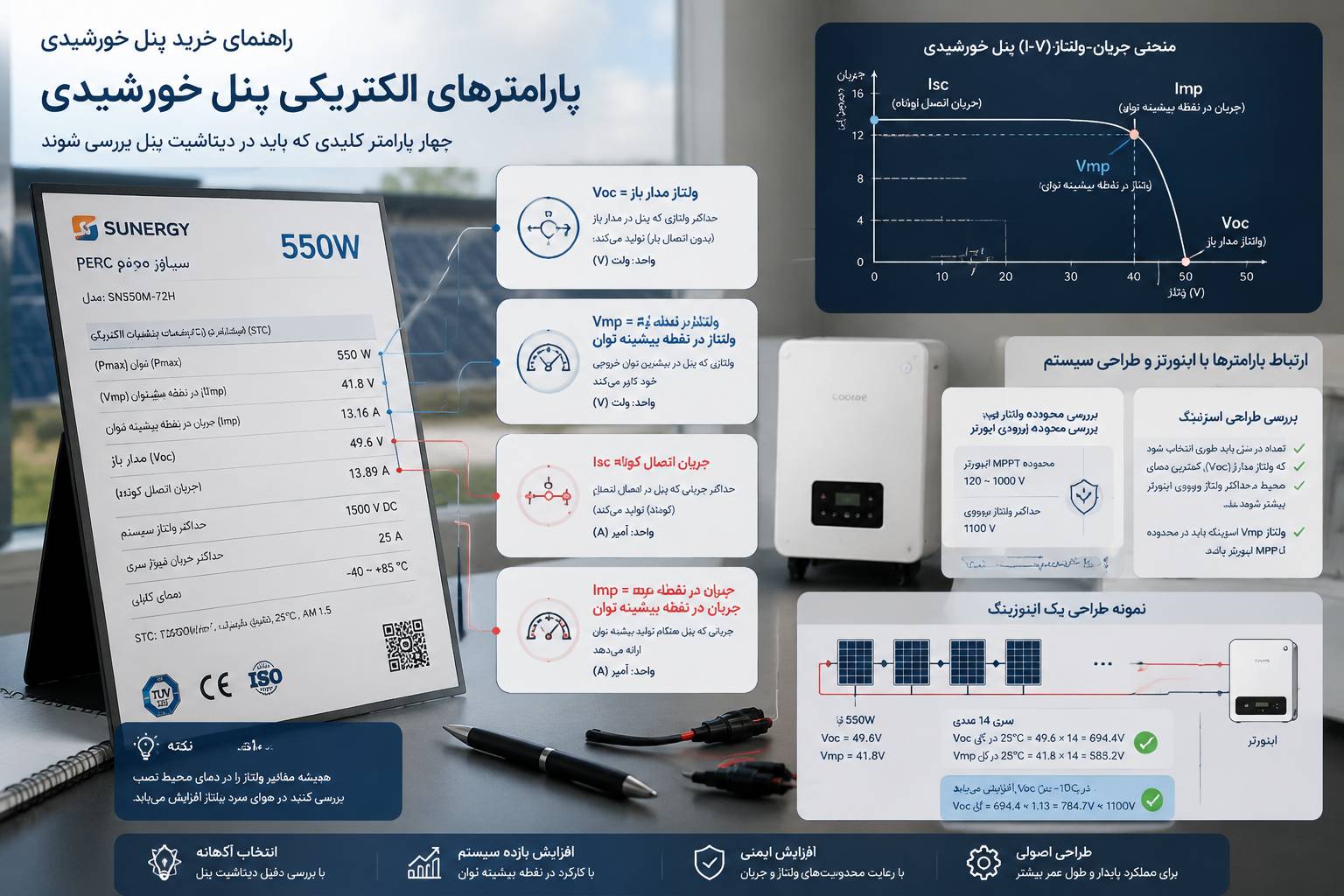 پارامترهای الکتریکی مهم پنل خورشیدی برای بررسی سازگاری با اینورتر و طراحی سیستم