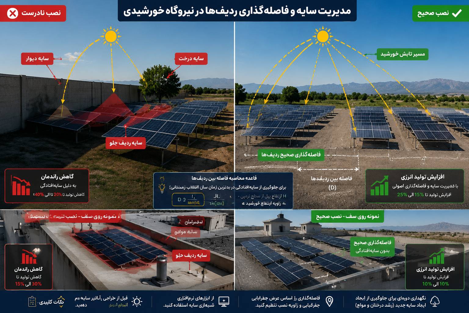 جلوگیری از اثر سایه دیوار، درخت و ردیف‌های پنل بر راندمان خروجی سیستم خورشیدی