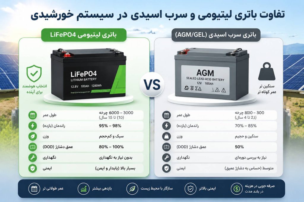 مقایسه طول عمر و راندمان باتری لیتیومی و سرب اسیدی خورشیدی