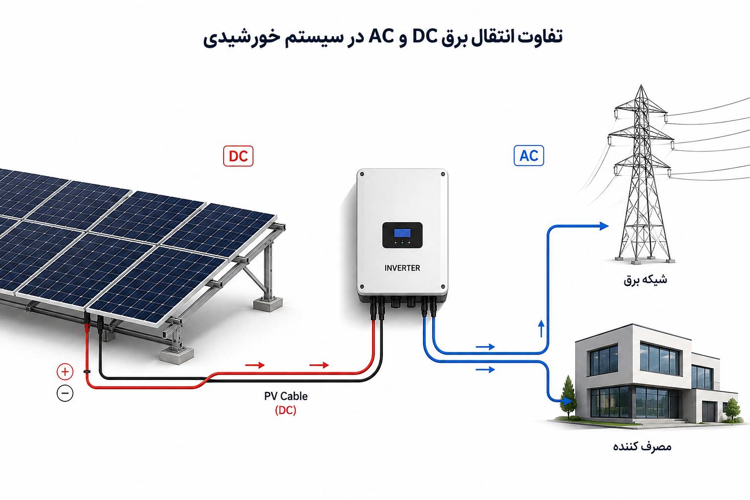 دیاگرام مقایسه انتقال برق DC در سیستم خورشیدی با برق AC شامل پنل خورشیدی، کابل PV و اینورتر