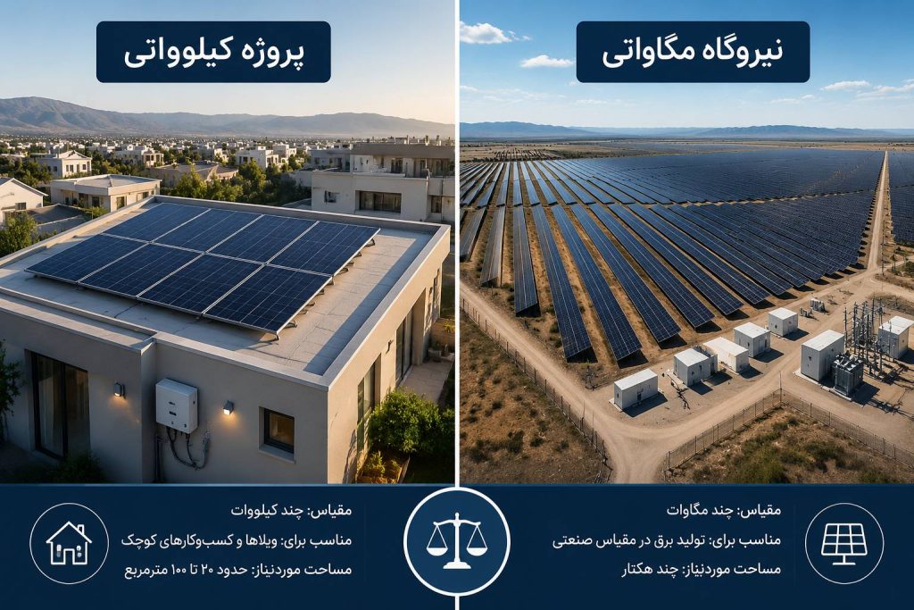 تصویر مقایسه‌ای از پروژه خورشیدی کوچک‌مقیاس کیلوواتی در کنار نیروگاه خورشیدی بزرگ‌مقیاس مگاواتی با تفاوت ابعاد و کاربرد
