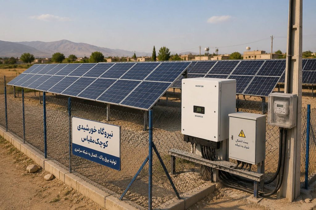 تصویر نیروگاه خورشیدی کوچک‌مقیاس برای تولید برق حمایتی و فروش برق به شبکه