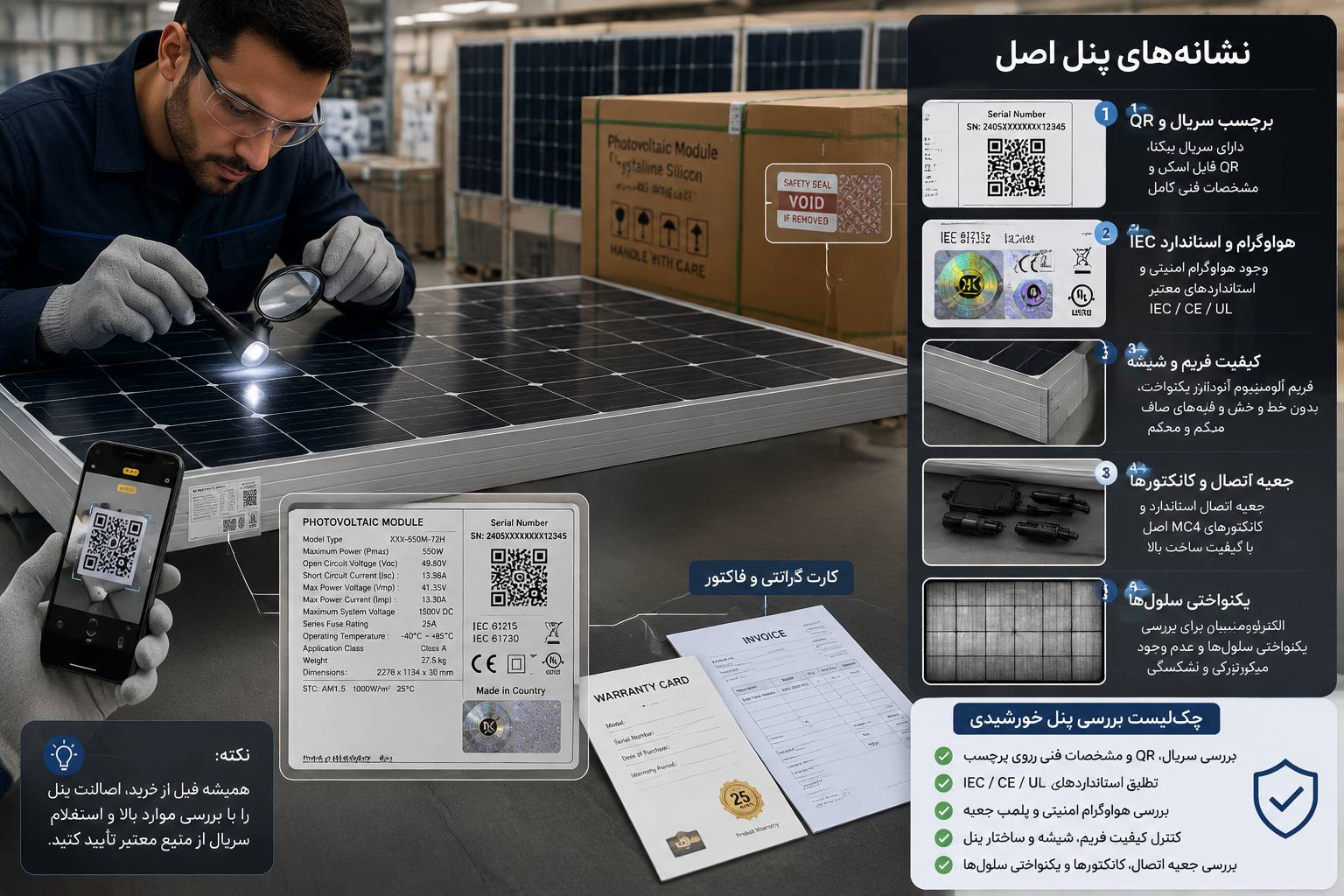 بررسی کیفیت ساخت، اصالت کالا و نشانه‌های پنل خورشیدی اصل در زمان خرید