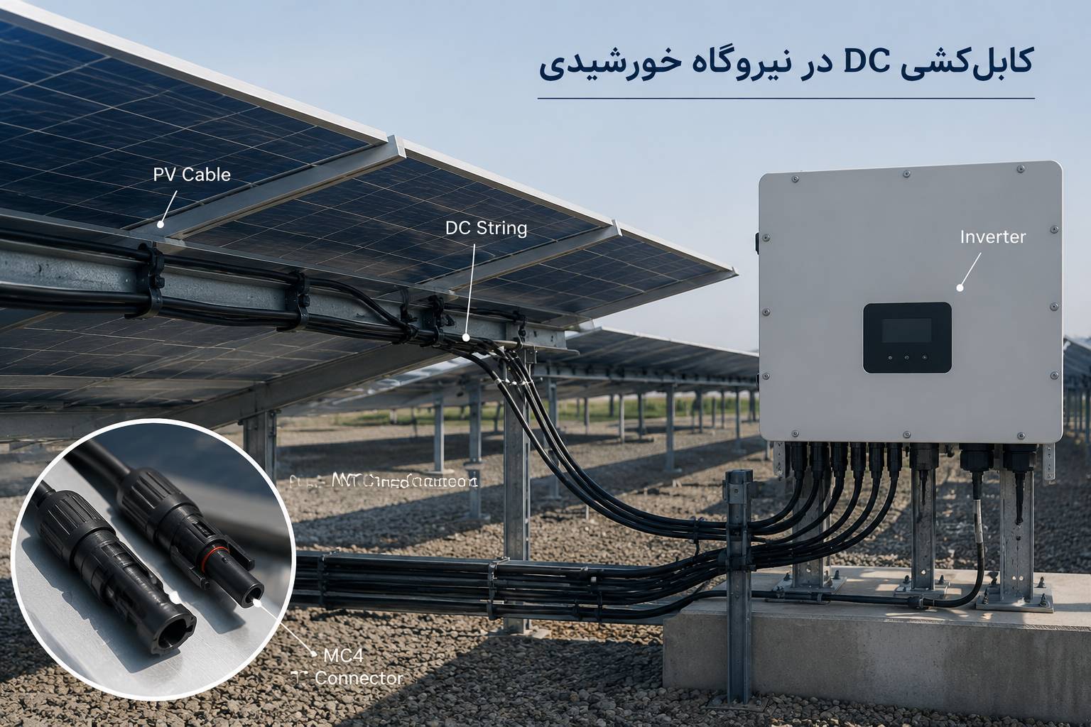 کابل خورشیدی PV نصب شده در بخش DC نیروگاه خورشیدی متصل به پنل‌ها و اینورتر در فضای باز