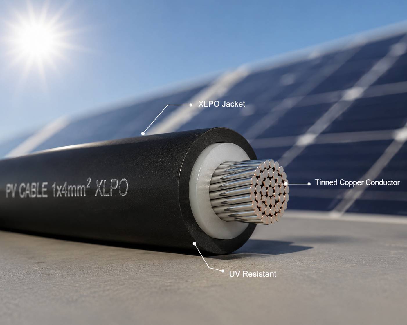 نمای نزدیک از روکش XLPO مقاوم در برابر اشعه UV در کابل خورشیدی PV مخصوص نیروگاه فتوولتائیک