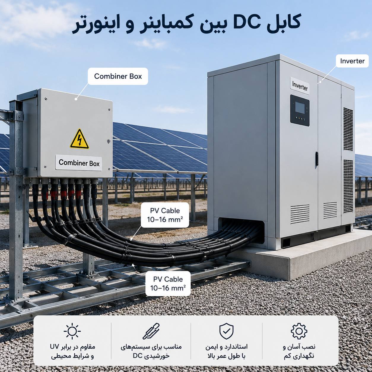 استفاده از کابل خورشیدی 10 یا 16 میلی‌متر مربع برای انتقال توان DC از Combiner Box به اینورتر