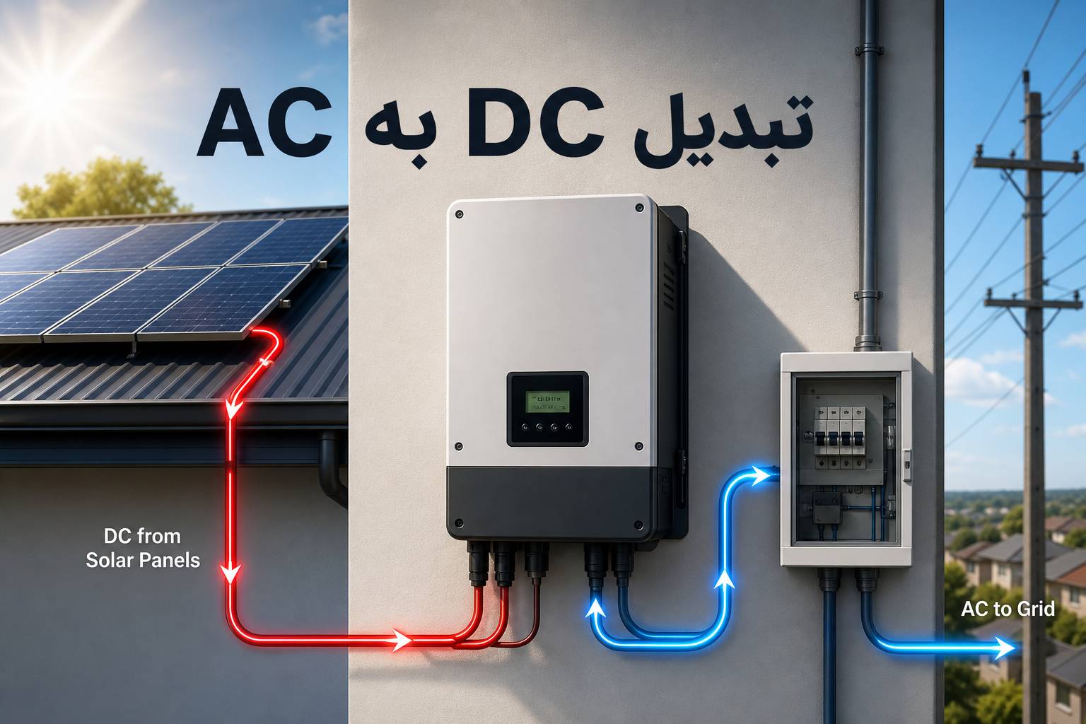 فرآیند تبدیل برق DC پنل خورشیدی به برق AC توسط سانورتر در سیستم فتوولتائیک