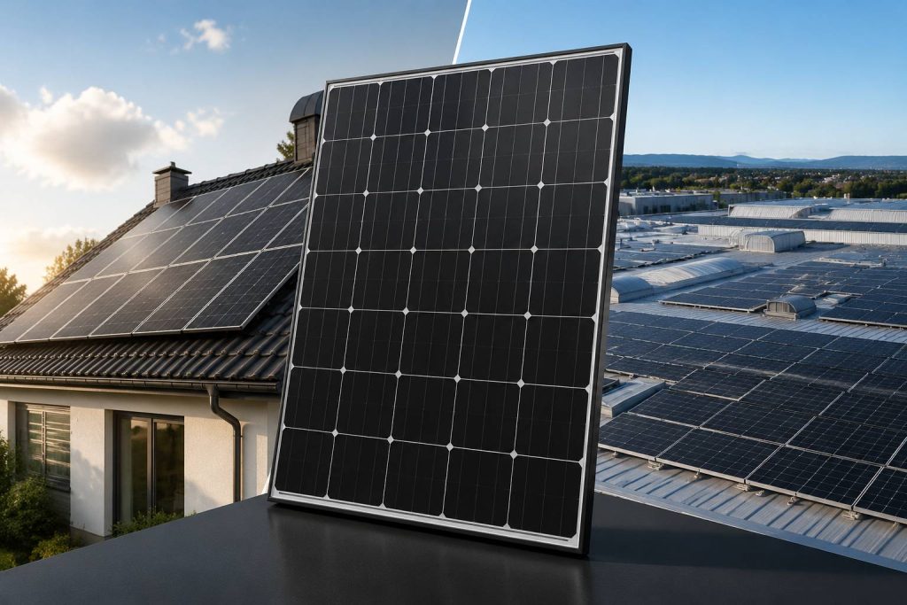 تصویر پنل خورشیدی مونوکریستال Monocrystalline با راندمان بالا و ظاهر یکدست برای کاربردهای خانگی و صنعتی
