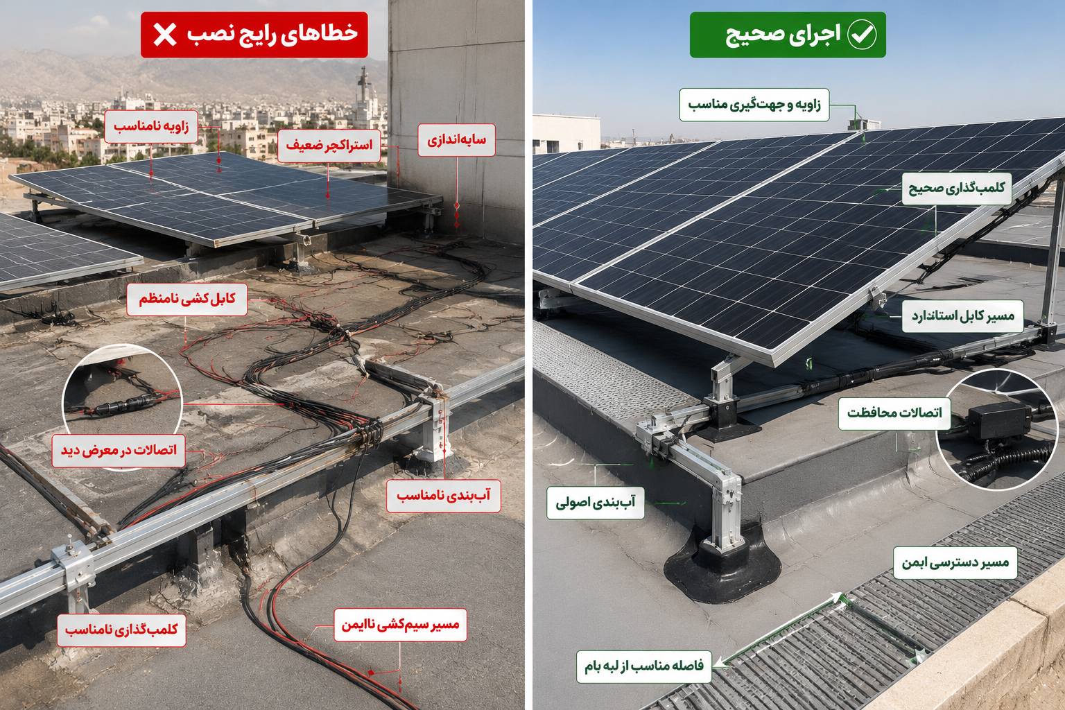 بررسی اشتباهات متداول در نصب، استراکچر و کابل‌کشی که باعث کاهش عمر و بازده پنل خورشیدی می‌شود