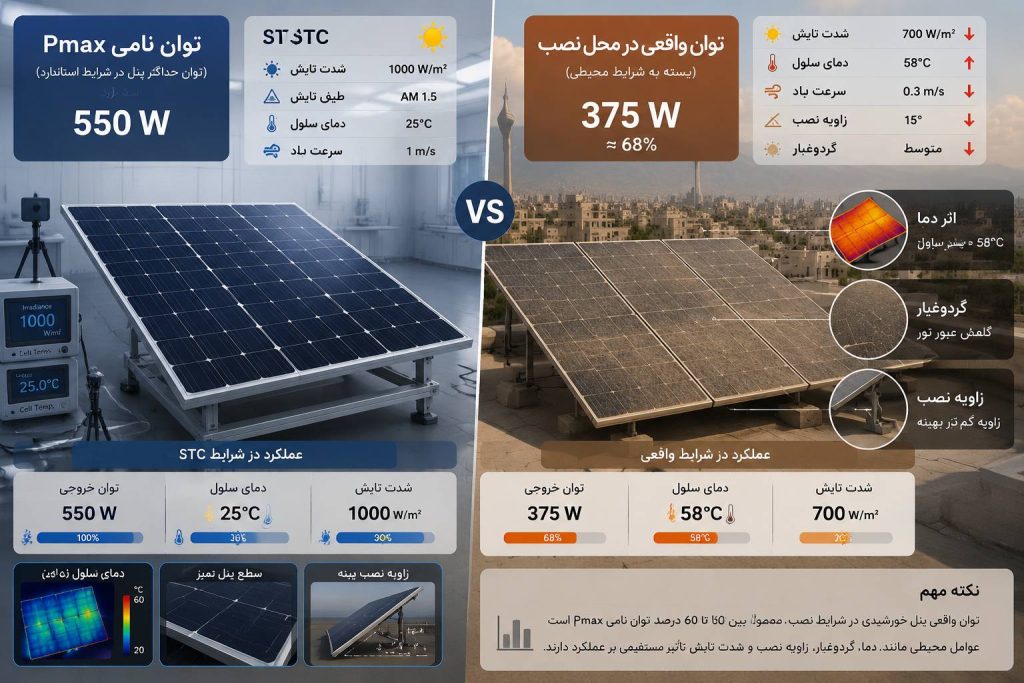 مقایسه توان نامی Pmax پنل خورشیدی در شرایط آزمایشگاهی با عملکرد واقعی در محل نصب