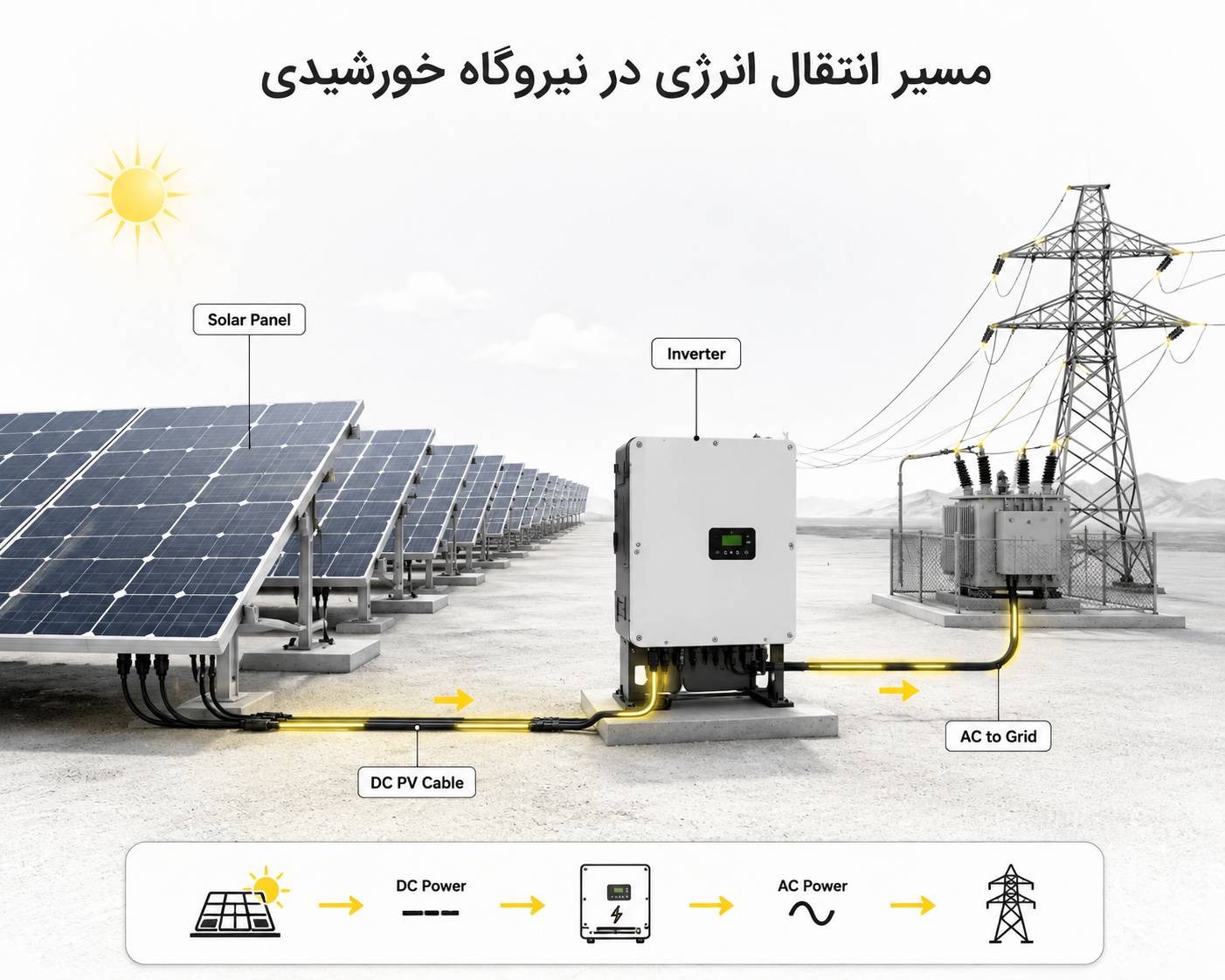 دیاگرام مسیر انتقال انرژی در نیروگاه خورشیدی شامل پنل‌ها، کابل خورشیدی DC، اینورتر و اتصال به شبکه برق