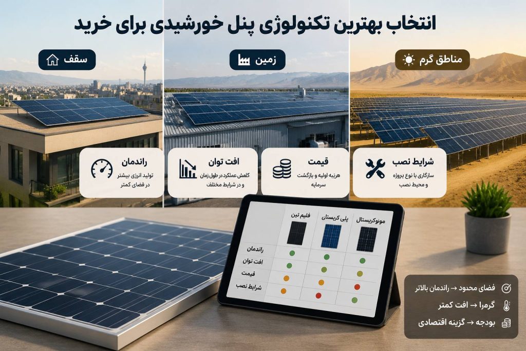 تصویر راهنمای انتخاب تکنولوژی پنل خورشیدی بر اساس راندمان، افت توان، قیمت و شرایط نصب (سقف، زمین، مناطق گرم)