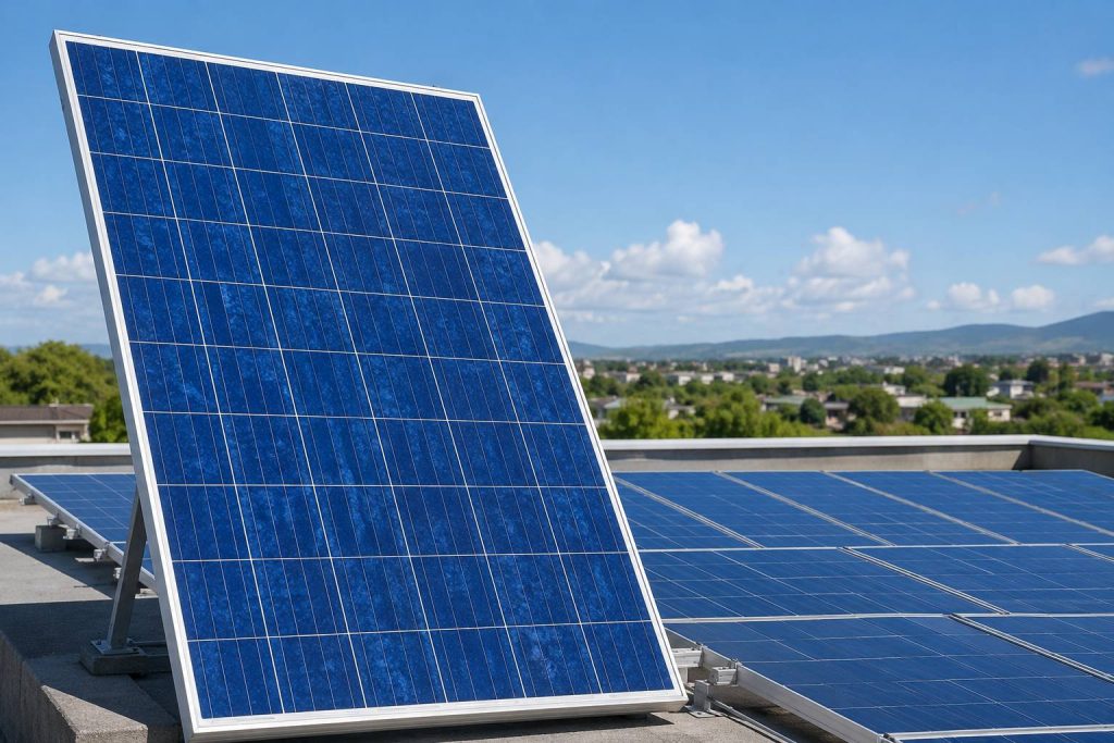 تصویر پنل خورشیدی پلی‌کریستال Polycrystalline با سلول‌های آبی و گزینه اقتصادی برای پروژه‌های خورشیدی
