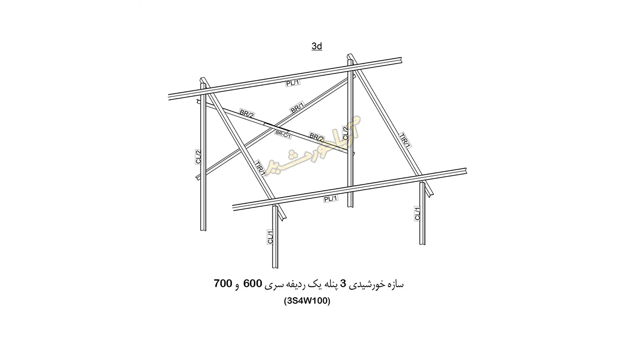 استراکچر خورشیدی ۳ پنله یک ردیفه با پوشش رنگ کوره‌ای آریا خورشید کد ۳